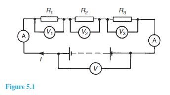KAPITULLI V 5.1. Qarqet serike Figura. 5.1 paraqet tri rezistenca, përkatësisht rezistencat R 1, R 2, dhe R 3 te cilat janë të lidhura në seri me një bateri, si burim prej V volt-ësh.