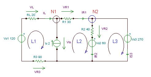 Zgjidhje Le ti shënojmë tensionet dhe rrymat e panjohura me shtimin e shigjetave për tensione dhe rrymat nëpër komponente dhe gjithashtu do te paraqiten konturat (L1, L2, dhe L3) dhe nyjet (N1, N2)