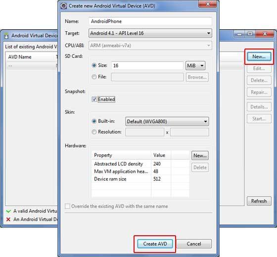 Window -> AVD Manager -> New, ζπκπιεξψλνπκε έλα φλνκα, ηελ έθδνζε ηνπ Android πνπ ζέινπκε λα ηξέρεη (4.1.