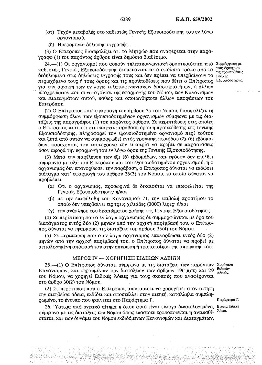 6389 Κ.Δ.Π. 659/2002 (στ) Τυχόν μεταβολές στο καθεστώς Γενικής Εξουσιοδότησης του εν λόγω οργανισμού, (ζ) Ημερομηνία δήλωσης εγγραφής.