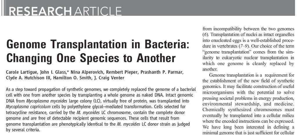 Presaditev genoma 2007 Mycoplasma capricolum Mycoplasma mycoides LC 1.