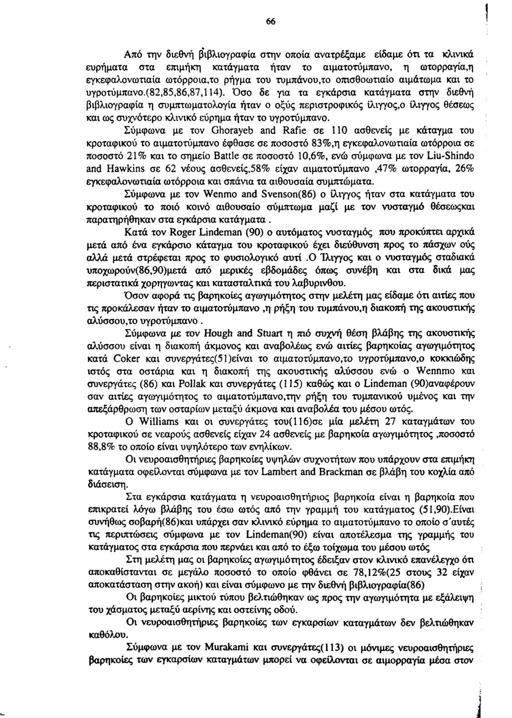 66 Από την διεθνή βιβλιογραφία στην οποία ανατρέξαμε είδαμε ότι τα κλινικά ευρήματα στα επιμήκη κατάγματα ήταν το αιματοτύμπανο, η ωτορραγία,η εγκεφαλονωτιαία ωτόρροια,το ρήγμα του τυμπάνου,το