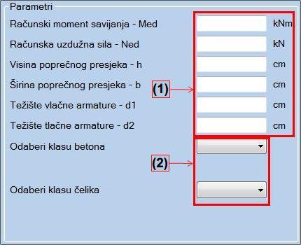 ) Slika 2.5. Ulazni parametri za dimenzioniranje presjeka na savijanje (1) predstavlja Text Box-eve koji od korisnika zahtijevaju brojčani unos u odgovarajućim jedinicama navedenim desno.