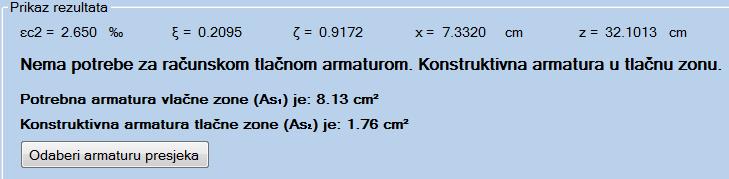 Odabir deformacije betona Nakon odabira deformacije i klika na botun za izračun armature, ukoliko je proračun uspješan, otvara se Group Box Prikaz rezultata.