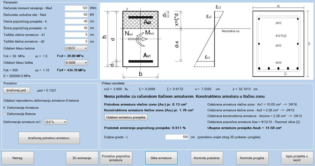 Konačan izgled prozora za dimenzioniranje pravokutnog poprečnog presjeka prema HRN EN 1992-1-1 uz dimenzioniranje na savijanje,