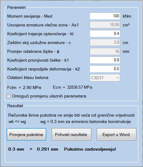 Nakon unosa svih parametara i klikom na botun Provjera pukotina, ukoliko proračun zadovoljava, vrijednost će se prikazati ispod te će biti omogućeni botuni Prihvati rezultate i