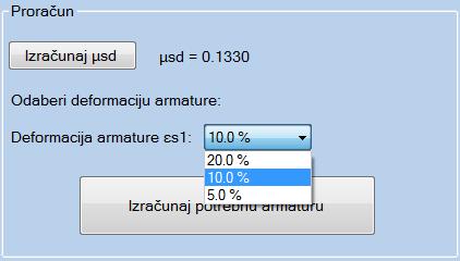 Odabir deformacije armature za T presjek Nakon klika na botun Izračunaj potrebnu armaturu prikazuje se rezultat proračuna nakon čega je potrebno odabrati armaturu kao i za