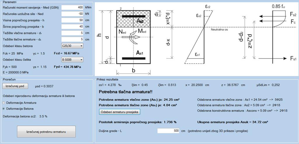 3.4.2. Dimenzioniranje presjeka sa uzdužnom tlačnom silom preko deformacije betona (grafički prikaz iz programa) Slika 3.4.