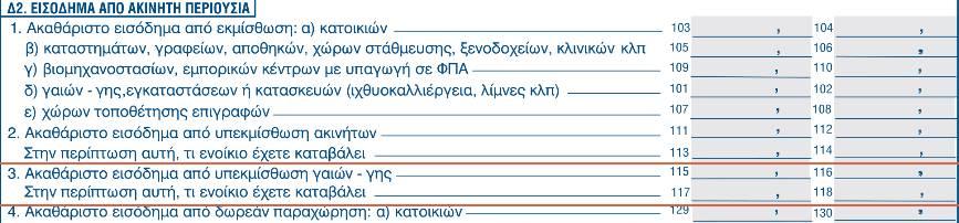 Στον πίνακα Δ2 εισόδημα από ακίνητη περιουσία, προστέθηκε μια ακόμη περίπτωση με 4 νέους κωδικούς (115-116 και 117-118) οι οποίες αφορούν την συμπλήρωση του ακαθάριστου εισοδήματος από υπεκμίσθωση