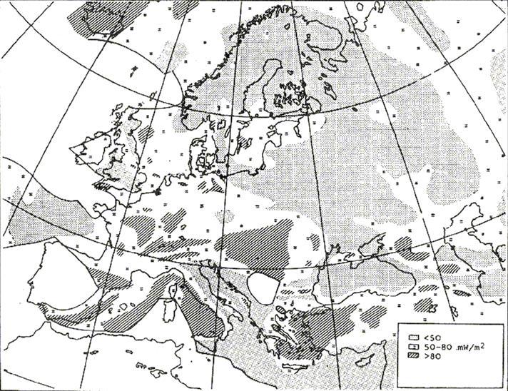 Γήινη θερμική ροή (3/5) Σχήμα 5: Κατανομή της θερμικής ροής στην Ευρώπη Πηγή: G.