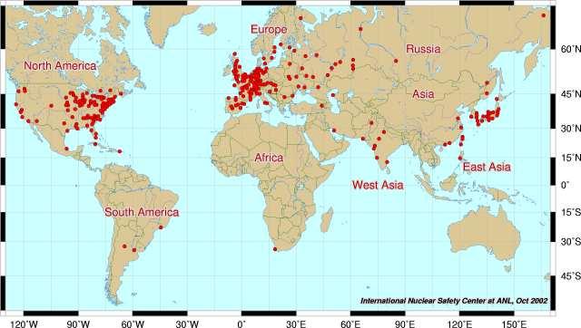 Slika 5.9. Lokacije nuklearnih postrojenja Do sada je širom sveta zabeležen veliki broj akcidenata na nuklearnim postrojenjima različitog stepena težine.