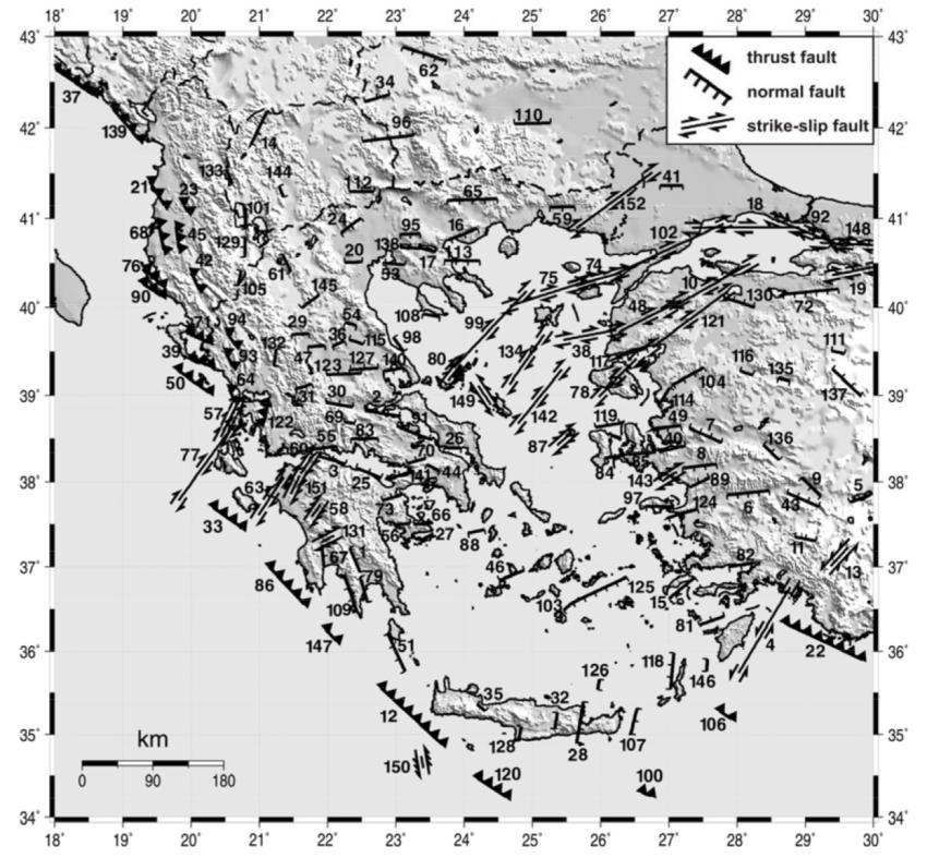 Σχ. 1.5 Τα κύρια ρήγματα των επιφανειακών σεισμών στον ευρύτερο χώρο του Αιγαίου (Karakaisis et al., 2010). Στο σχήμα 1.