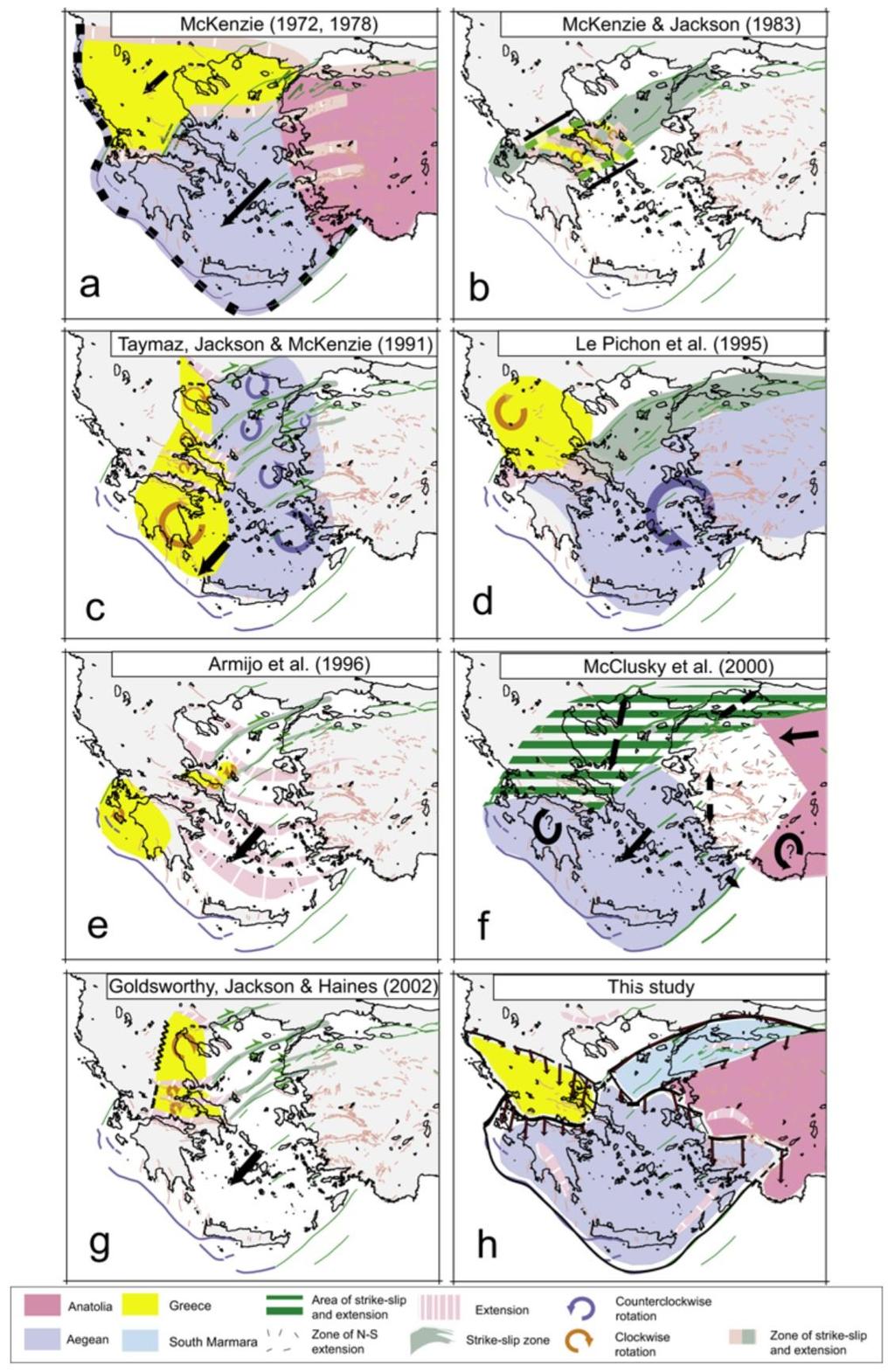 Σχ. 1.7 Κινηματικά μοντέλα που έχουν προταθεί για την τεκτονική της περιοχής του Αιγαίου, που έχουν προταθεί από προηγούμενες μελέτες (από Nyst and Thatcher, 2004). Οι Armijo et al. (1996) (Σχ. 1.7e) πρότειναν ένα μοντέλο που δίνει έμφαση στον εφελκυσμό στη κεντρική Ελλάδα και στις συνέπειες του τερματισμού των δεξιόστροφων ρηγμάτων οριζόντιας μετατόπισης του βορείου Αιγαίου.
