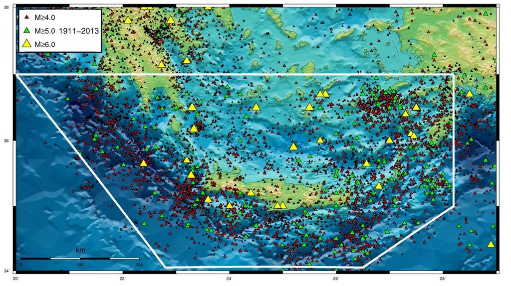 Σχ. 1.10 Χάρτης επικέντρων των σεισμών ενδιαμέσου βάθους που έγιναν στο Νότιο Αιγαίο για το χρονικό διάστημα 1911-2013 με Μ 4.0. Με κόκκινο χρώμα διακρίνονται τα επίκεντρα των σεισμών με μέγεθος 4.