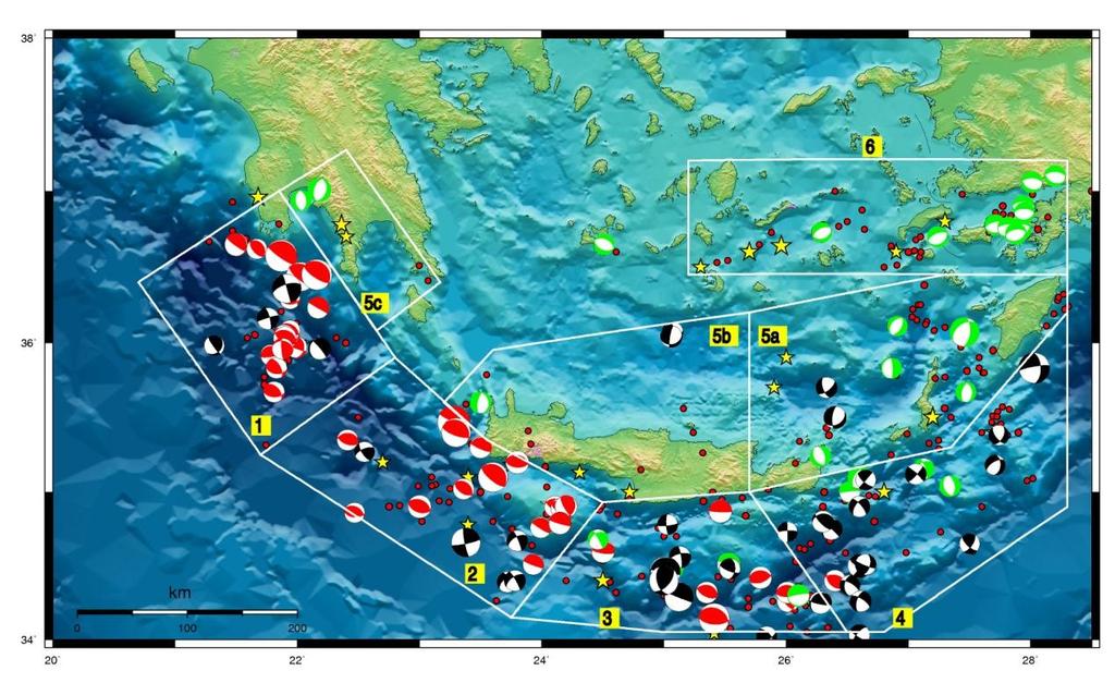 Σχ. 4.6 Χωρισμός της περιοχής μελέτης για τον υπολογισμό των ρυθμών απελευθέρωσης σεισμικής ροπής και των ταχυτήτων σεισμικής παραμόρφωσης.