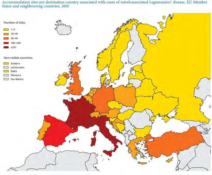 Σχήμα 9: Μονάδες φιλοξενίας ανά χώρα προορισμού που συνδέθηκαν με περιπτώσεις λεγεωνέλλας
