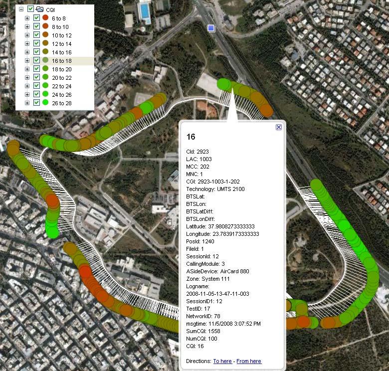 Χάρτης 5-2 Απεικόνιση του δείκτη CQI (Channel Quality Indicator) στο Google Earth Ακόμα ένας κρίσιμος δείκτης όπως έχουμε ήδη αναφέρει είναι ο LQ (Listening Quality).