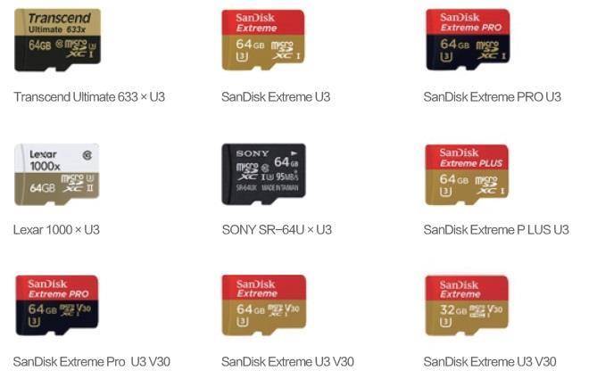 Συνιστούμε να χρησιμοποιείτε τις κάρτες microsd που υποστηρίζονται επίσημα, οι οποίες αναφέρονται παρακάτω, για να εξασφαλίσετε υψηλή ποιότητας Βίντεο 4K. Υποστηρίζει κάρτες microsd 16-64GB.