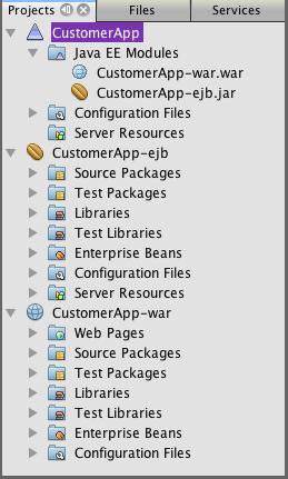 Δημιουργώντας ένα Enterprise Application Project (3/3) Το Netbeans θα δημιουργήσει 3 projects με όνομα CustomerApp (Enterprise Application