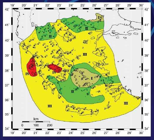 ΚΕΦΑΛΑΙΟ 8Ο Σεισµοτεκτονικά Στοιχεία Εικόνα 8.1 : Χάρτης των τεσσάρων κατηγοριών ζωνών σεισµικής επικινδυνότητας που περιλαµβάνεται στο Νέο Αντισεισµικό Κανονισµό (Παπαζάχος και συνεργάτες, 1989).