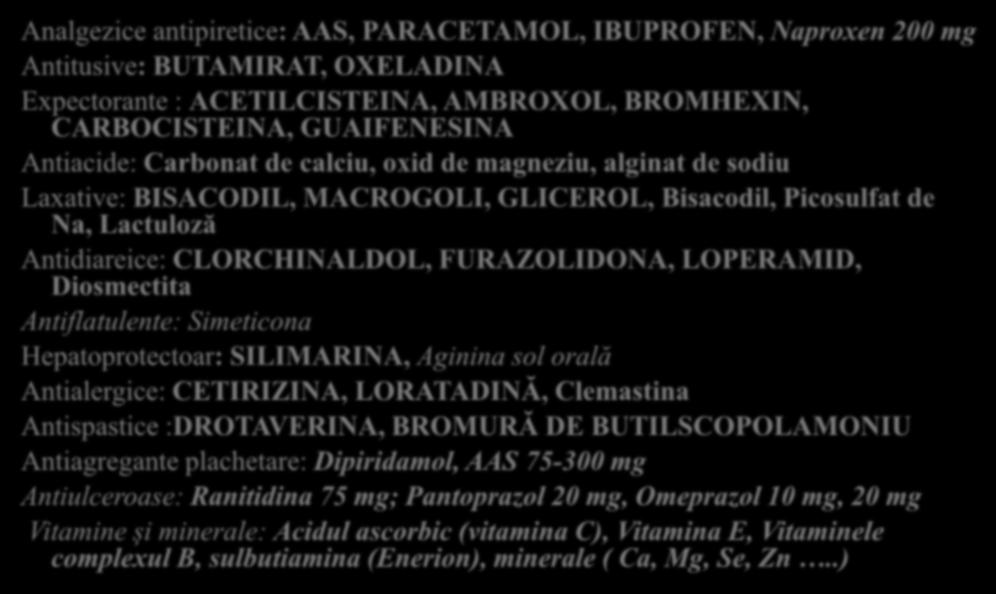 Substanţe active OTC Analgezice antipiretice: AAS, PARACETAMOL, IBUPROFEN, Naproxen 200 mg Antitusive: BUTAMIRAT, OXELADINA Expectorante : ACETILCISTEINA, AMBROXOL, BROMHEXIN, CARBOCISTEINA,