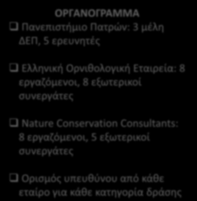 ΟΡΓΑΝΟΓΡΑΜΜΑ Πανεπιστήμιο Πατρών: 3 μέλη ΔΕΠ, 5 ερευνητές Ελληνική Ορνιθολογική Εταιρεία: 8 εργαζόμενοι, 8 εξωτερικοί