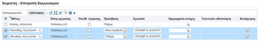 («Επιλογή μελών»), αριστερά της στήλης των μελών, πατήστε το κουμπί προκειμένου να σταλούν μέσω Συστήματος οι ειδοποιήσεις στα αντίστοιχα επιλεγμένα μέλη.