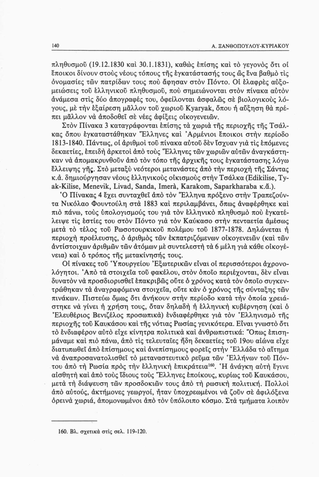 140 A. ΞΑΝΘΟΠΟΥΛΟΥ-ΚΥΡΙΑΚΟΥ πληθυσμού (19.12.1830 καί 30.1.1831), καθώς επίσης καί τό γεγονός δτι οί έποικοι δίνουν στούς νέους τόπους τής εγκατάστασής τους ώς ένα βαθμό τις ονομασίες των πατρίδων τους πού άφησαν στον Πόντο.