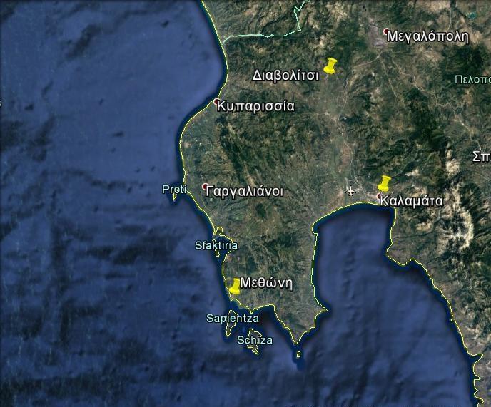 Σχήμα 9: Χάρτης σταθμών της Νοτιοδυτικής Πελοποννήσου από το Google Earth Στοιχεία μετεωρολογικών σταθμών Νοτιοανατολικής Πελοποννήσου: