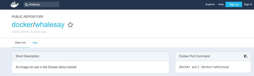 Επιλέγουμε το docker/whalesay image στα αποτελέσματα της αναζήτησης και βλέπουμε όλες τις σχετικές πληροφορίες και οδηγίες για το image που επιλέξαμε. Figure 4.