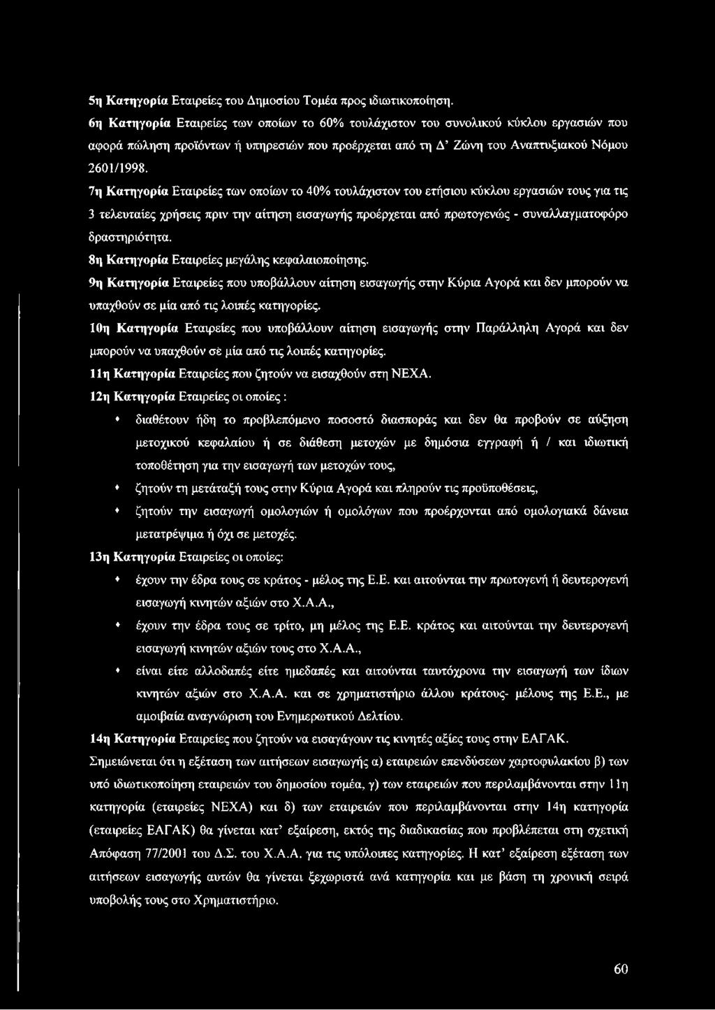 10η Κατηγορία Εταιρείες που υποβάλλουν αίτηση εισαγωγής στην Παράλληλη Αγορά και δεν μπορούν να υπαχθούν σέ μία από τις λοιπές κατηγορίες. 11η Κατηγορία Εταιρείες που ζητούν να εισαχθούν στη ΝΕΧΑ.