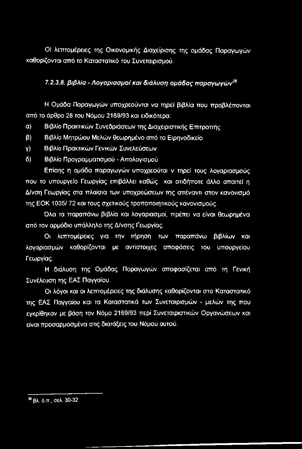 της Διαχειριστικής Επιτροπής β) Βιβλίο Μητρώου Μελών θεωρημένο από το Ειρηνοδικείο γ) Βιβλίο Πρακτικών Γενικών Συνελεύσεων δ) Βιβλίο Προγραμματισμού - Απολογισμού Επίσης η ομάδα παραγωγών υποχρεούται
