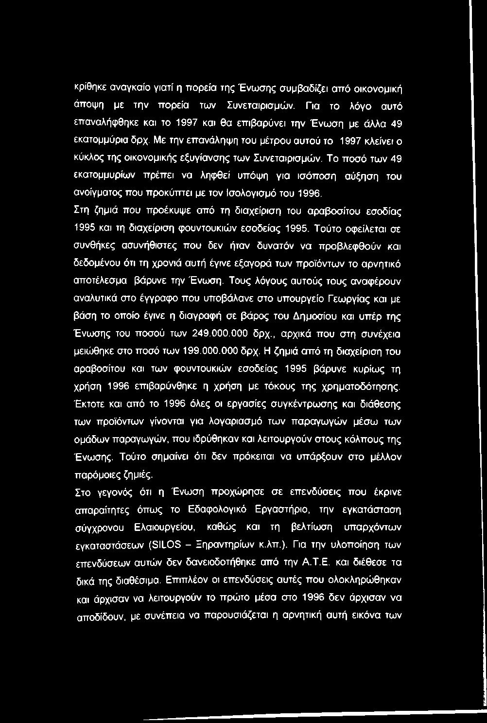 Με την επανάληψη του μέτρου αυτού το 1997 κλείνει ο κύκλος της οικονομικής εξυγίανσης των Συνεταιρισμών.