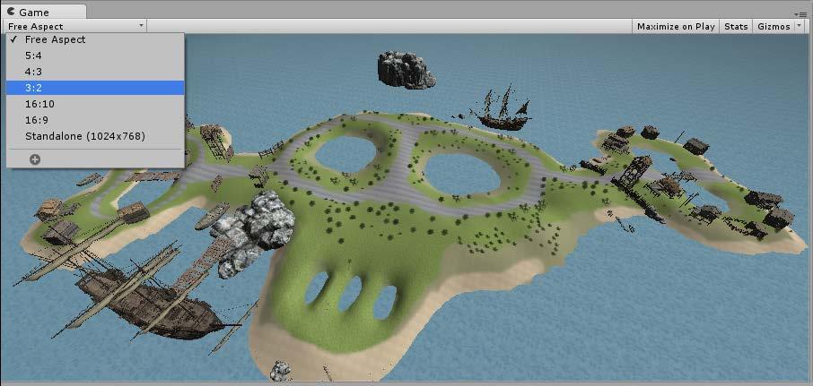 3.5.2 Game View Το Game view αναπαριστά το παιχνίδι στην τελική μορφή του, αυτό γίνεται με την χρήση του κουμπιού "Play" που βρίσκεται στην γραμμή εργαλείων μαζί με τα κουμπιά "Pause" και "Next