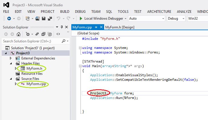 (εικόνα 4.5 πράσινα πλαίσια) ότι στον φάκελο Header Files έχει προστεθεί το αρχείο MyForm.h και στο φάκελο Source Files έχει προστεθεί το αρχείο MyForm.cpp.
