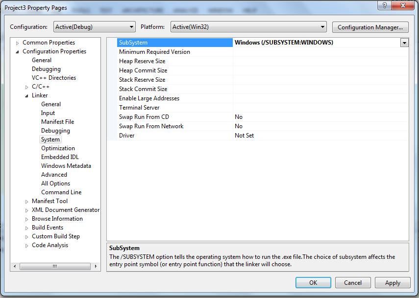 επιλέγουμε το Windows (/SUBSYSTEM:WINDOWS) (εικόνα 4.6). Με την επιλογή μας αυτή ορίζουμε ότι το αρχείο.