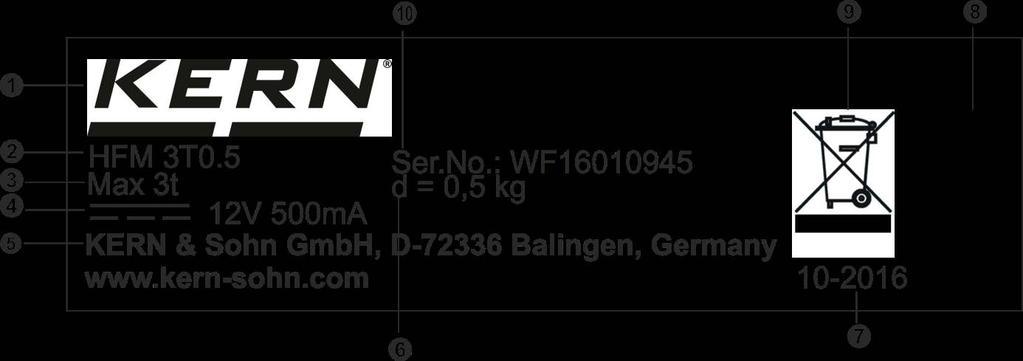 1.2 Πινακίδα τύπου 1 Λογότυπο της εταιρίας KERN 2 Ονομασία μοντέλου 3 Εύρος ζυγίσματος [Max] Στοιχεία παροχής ηλεκτρικής 4 ενέργειας Dane zasilania