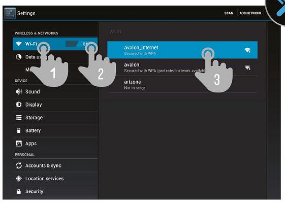 ΡΥΘΜΙΣΗ Wi-Fi Κτυπήστε στο Settings στην Κύρια Οθόνη 1. Επιλέξτε Wi-Fi. 2. Ενεργοποιήστε την επιλογή Wi-Fi. 3. Επιλέξτε το δίκτυο Wi-Fi που επιθυμείτε.