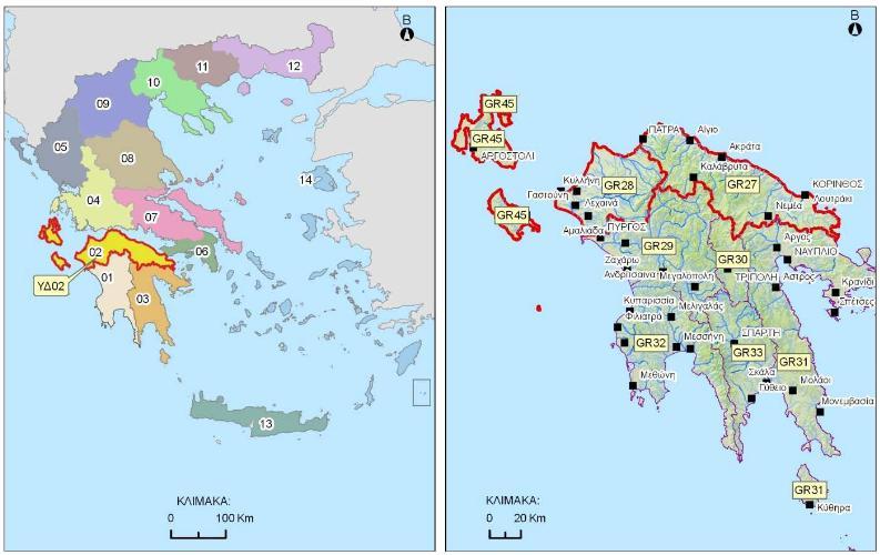 Εικόνα 2.1.1.3: (αριστερά) Υδατικό διαμέρισμα Βόρειας Πελοποννήσου (GR02), (δεξιά) Λεκάνες απορροής (Πηγή: http://4862.syzefxis.gov.