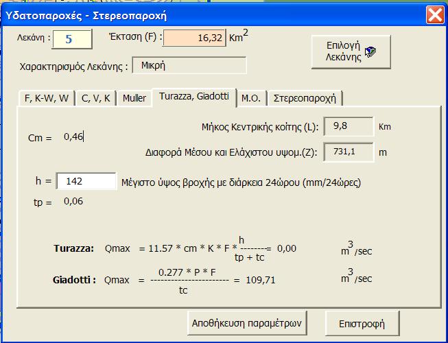 Στην καρτέλα Müller οι παροχές υπολογίζονται ως εξής: Αφού έχει προσδιοριστεί ο συντελεστής απορροής της λεκάνης τότε η υδατοπαροχή υπολογίζεται από: - Müller vqmax7 = (F1 * Ym * 40) / (F1 ^ (1 / 3))