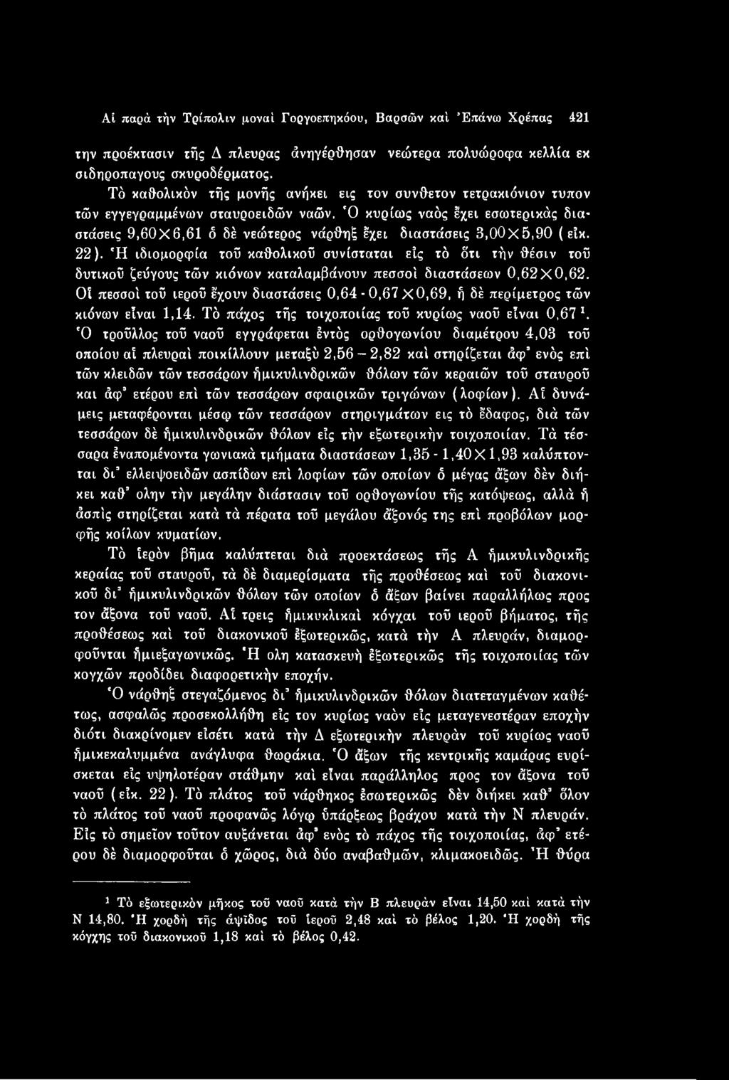 'Ο τρούλλος τού ναού εγγράφεται Ιντός ορθογωνίου διαμέτρου 4,03 τού οποίου αί πλευραί ποικίλλουν μεταξύ 2,56-2,82 καί στηρίζεται άφ ενός επί τών κλειδών τών τεσσάρων ήμικυλινδρικών θόλων τών κεραιών