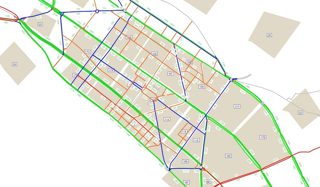 Χάρτης Π-1 : Κυκλοφοριακοί φόρτοι Σενάριο βάσης ( πράσινο κύριες αρτηρίες, κόκκινο