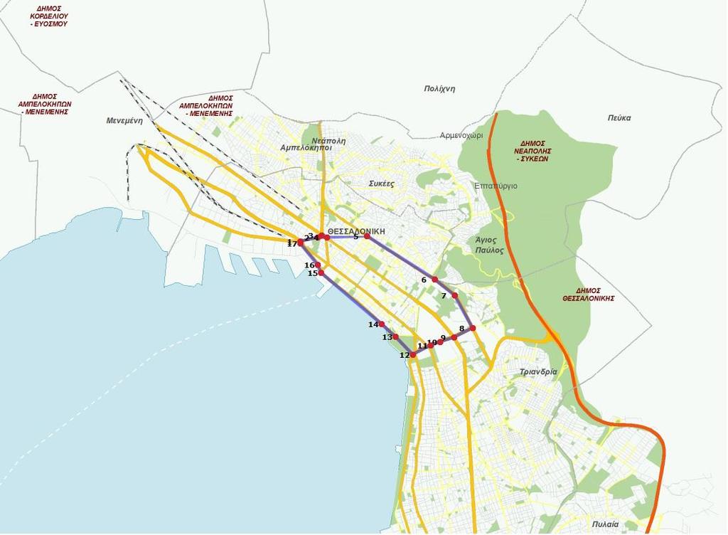 Χάρτης 7.1 : Η περιοχή μελέτης στο Πολεοδομικό Συγκρότημα Θεσσαλονίκης Στο υπόδειγμα έχει συμπεριληφθεί το οδικό δίκτυο της περιοχής, μέχρι το επίπεδο των συλλεκτήριων οδών.