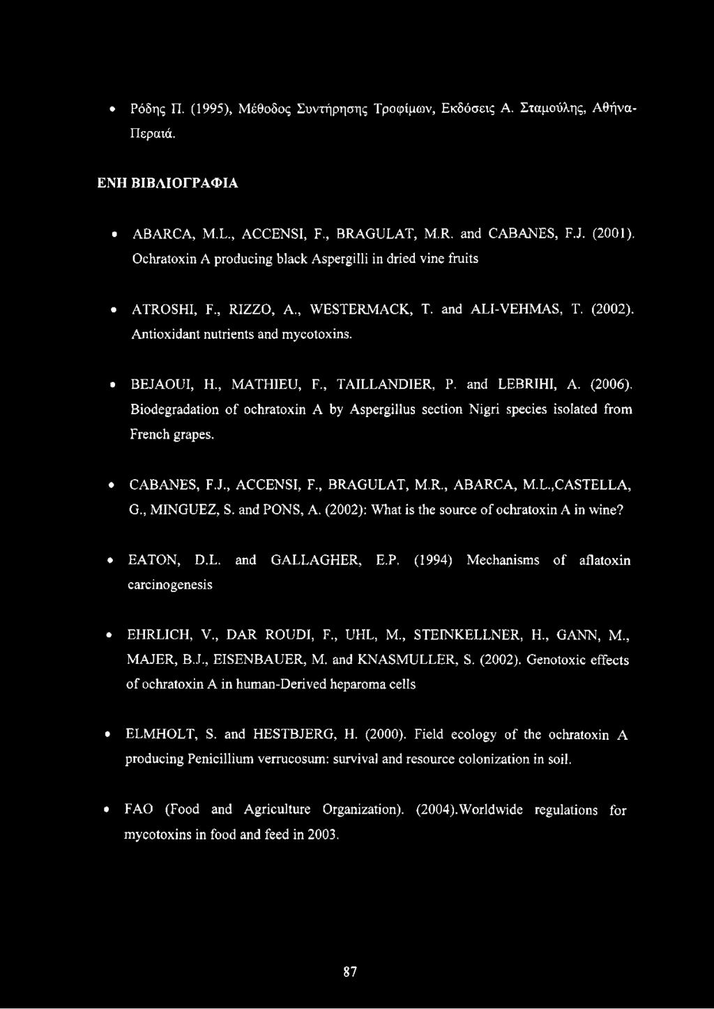 , TAILLANDIER, P. and LEBRIHI, A. (2006). Biodegradation of ochratoxin A by Aspergillus section Nigri species isolated from French grapes. CABANES, F.J., ACCENSI, F., BRAGULAT, M.R., ABARCA, M.L.,CASTELLA, G.