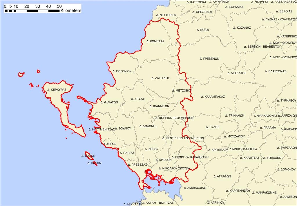 Τα παραπάνω παρουσιάζονται στο Σχήμα 2-2. Οι περιλαμβανόμενοι Δήμοι παρουσιάζονται στο Σχήμα 2-3.