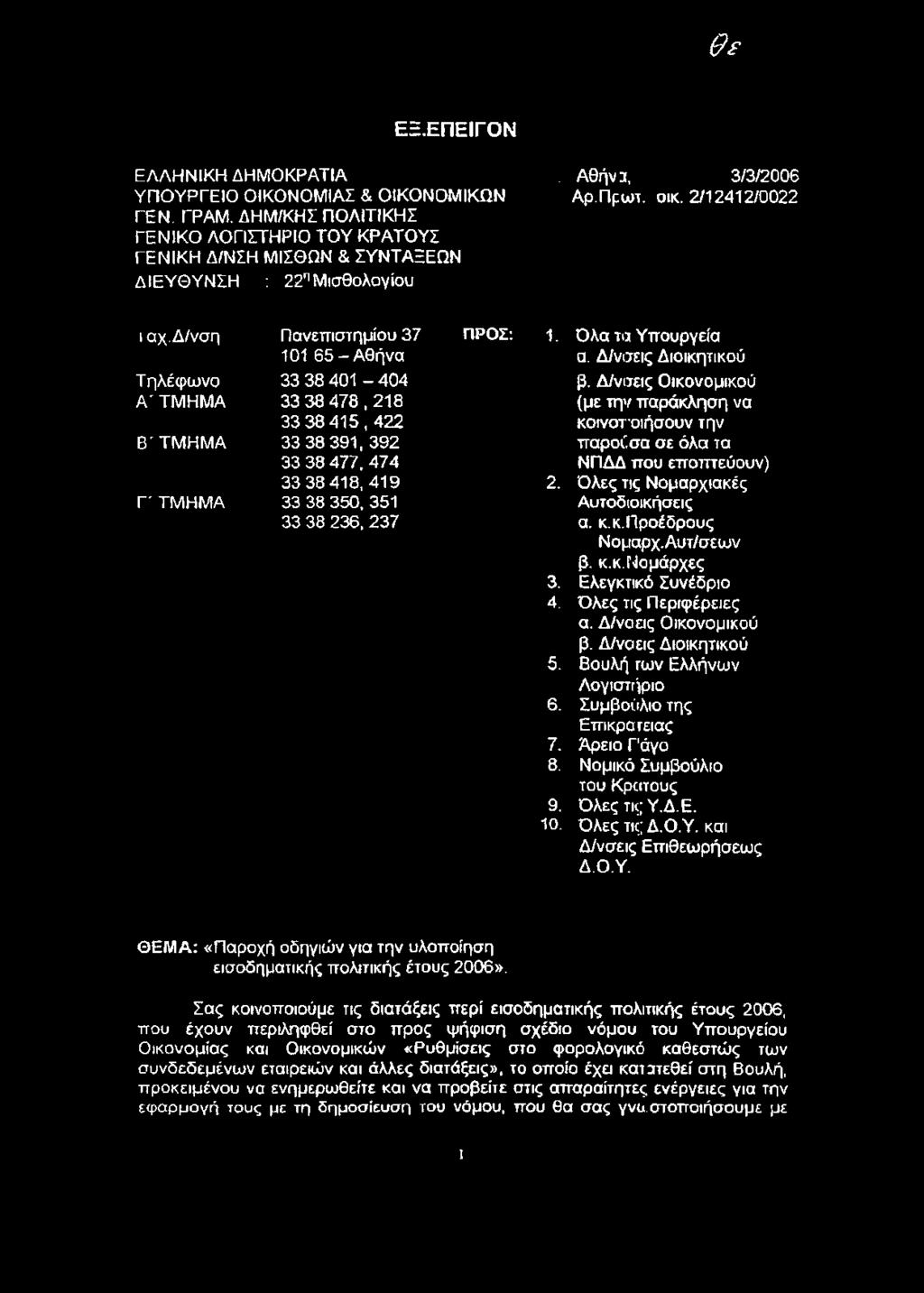 δ/νση Τηλέφωνο Α' ΤΜΗΜΑ Β'ΤΜΗΜΑ ΓΤΜ Η Μ Α Πανεπιστημίου 37 101 6 5 -Α θήνα 33 38 401-404 33 38 478, 218 33 38 415,422 33 38 391, 392 33 38 477, 474 33 38 418, 419 33 38 350, 351 33 38 236, 237 ΠΡΟΣ: