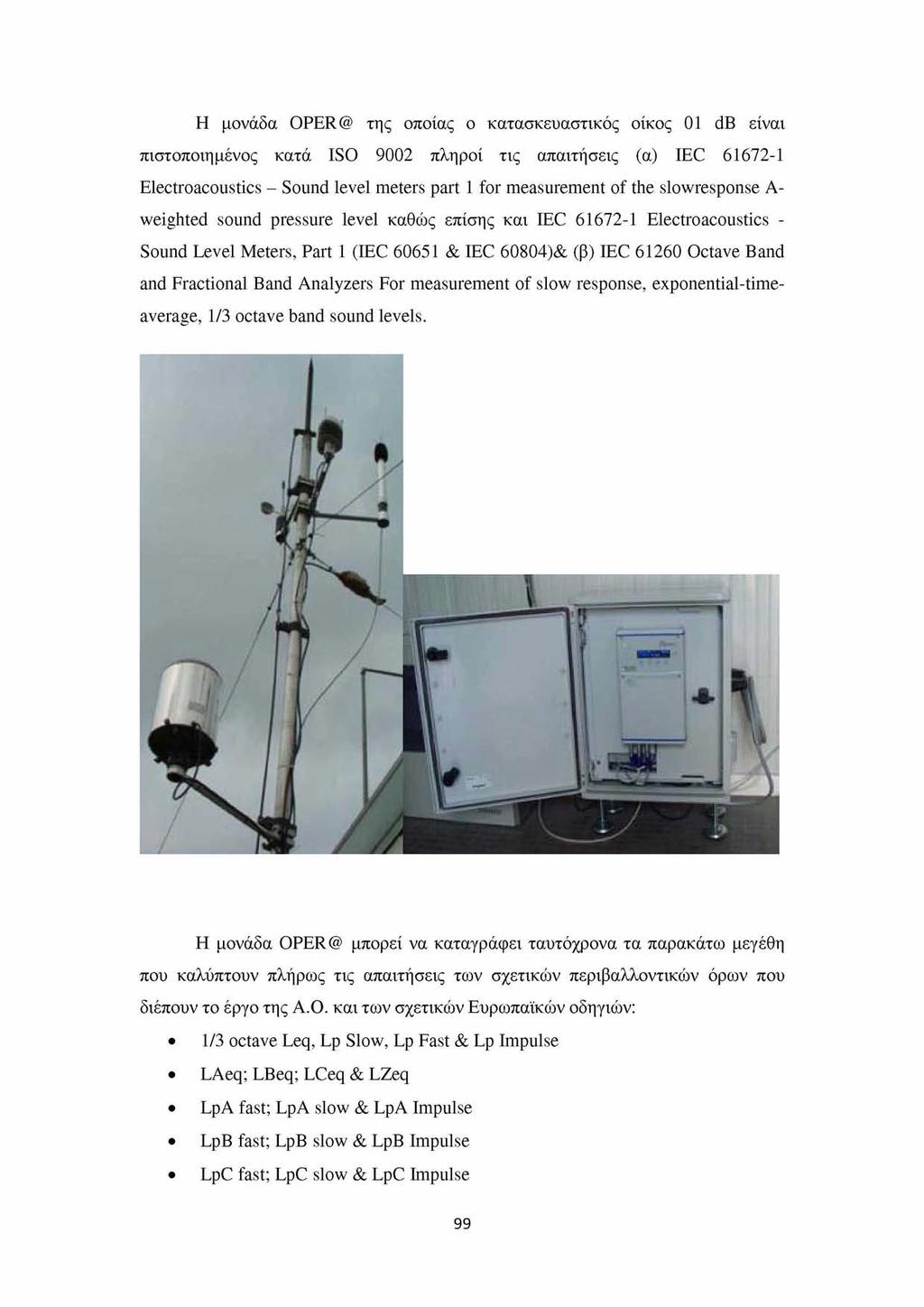 H μονάδα OPER@ της οποίας ο κατασκευαστικός οίκος 01 db είναι πιστοποιημένος κατά ISO 9002 πληροί τις απαιτήσεις (α) IEC 61672-1 Electroacoustics - Sound level meters part 1 for measurement of the