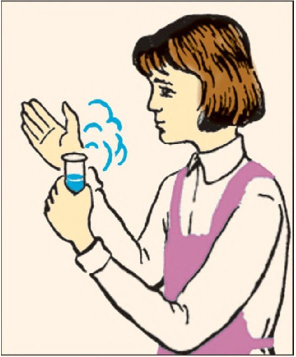 Şəkil 4. Tanımadığınız maddəni yalnız belə iyləmək olar Bir çox kimyəvi maddələr yanıq əmələ gətirə bilər. Laboratoriyada bəzən zəhərli maddələrə rast gəlinir.