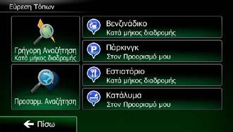 3.1.2.2 Αναζήτηση ενός Τόπου Ενδιαφέροντος χρησιμοποιώντας προκαθορισμένες κατηγορίες Η λειτουργία Προκαθορισμένη Αναζήτηση σάς επιτρέπει να βρείτε γρήγορα τα είδη Τόπων που επιλέγονται πιο συχνά. 1.