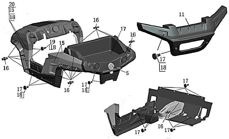 L1208010 REAR TYPE COVER(L) 1 13 L1103010 FRONT TYRE COVER(L) 1 14 L0303041 GEAR SHIFTING COVER 1 15 S0106108 BOLT(M6 16) 12 16 S0108001 EXPANSION SCREW(M8 20) 52 17 S0106109 BOLT(M6 20) 24 18